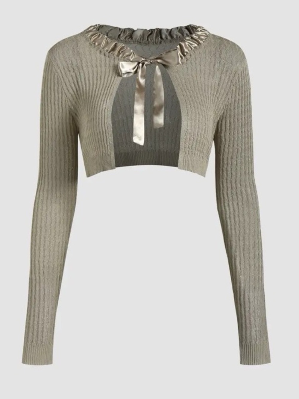 Cider Cropped Rib-Knit Bolero in Olive with Satin Tie size Small